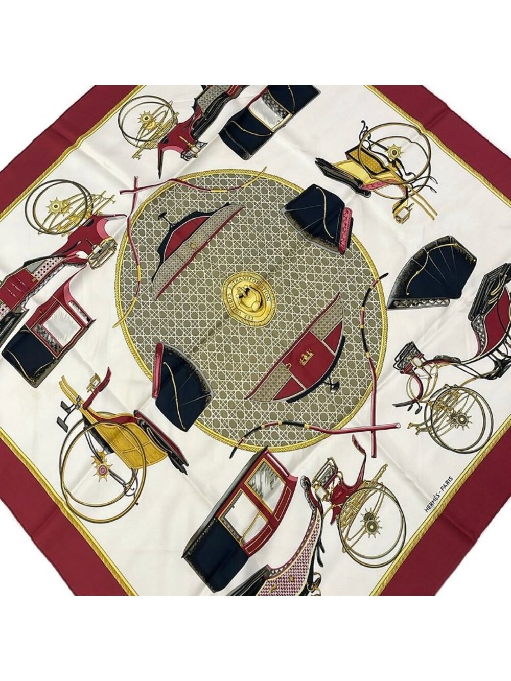 Hermes Scarf Carre 90 Ivory Bordeaux Multi les Voitures Transformation